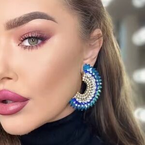 Anthropologe crystal diamonds unique crescent Blue and Silver Statement Earrings